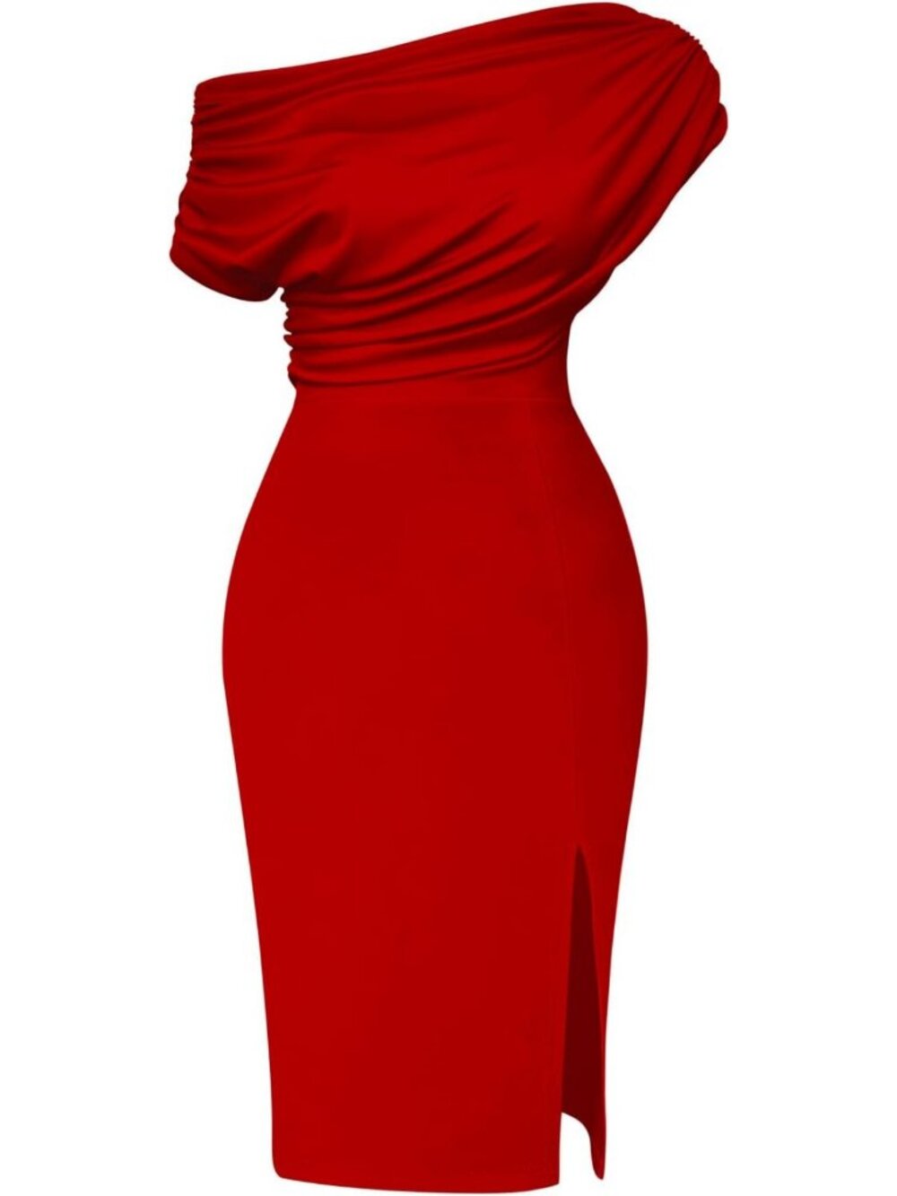 Elegant Off Shoulder Ruched Midi Dress | Split Hem Bodycon Party Dress